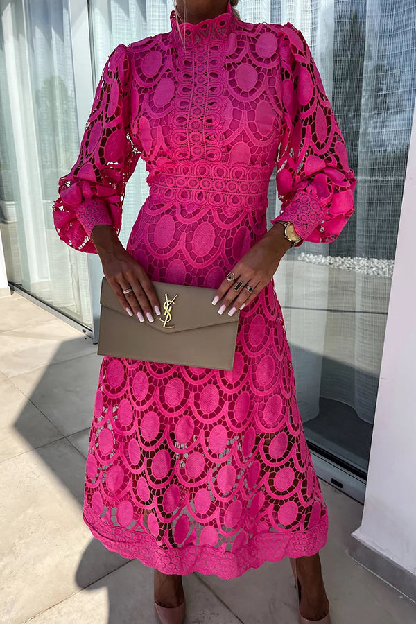Romantic. Sensual and Elegant Crochet Lace Lantern Sleeve Party Midi Dress