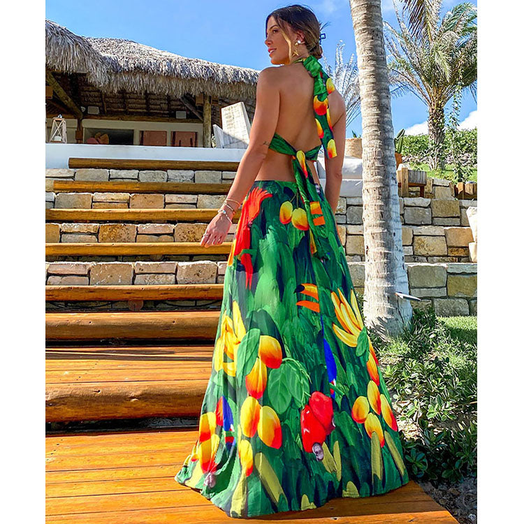 Halter Lace up Printed Midi Dress