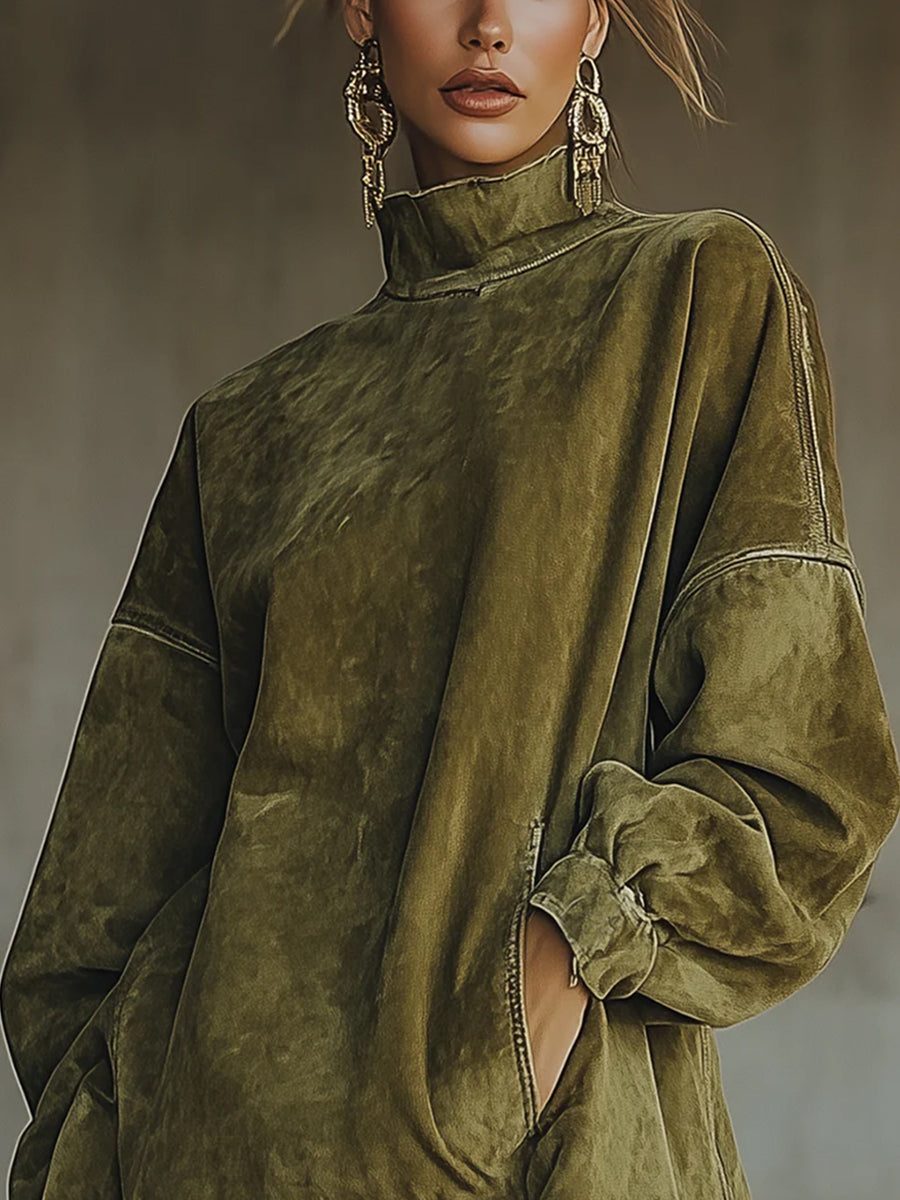 Western Army Green Suede High Neck Long Sleeve Pockets Fringe Hem Mini Dress
