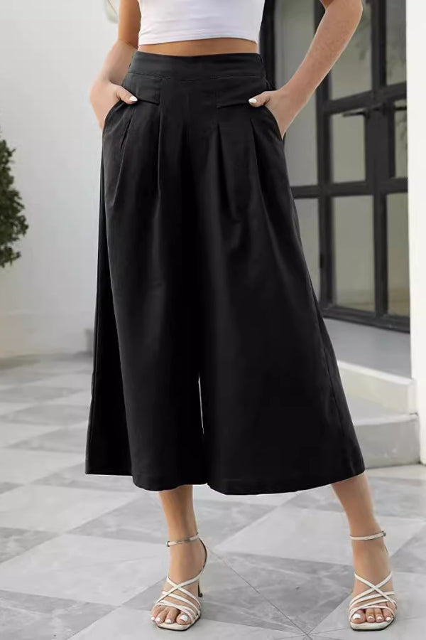 Skirts. Cotton-feel. Elastic Waist. Wide-leg. Nine-point Trousers. Pocket Workwear. Casual Pants. Loose