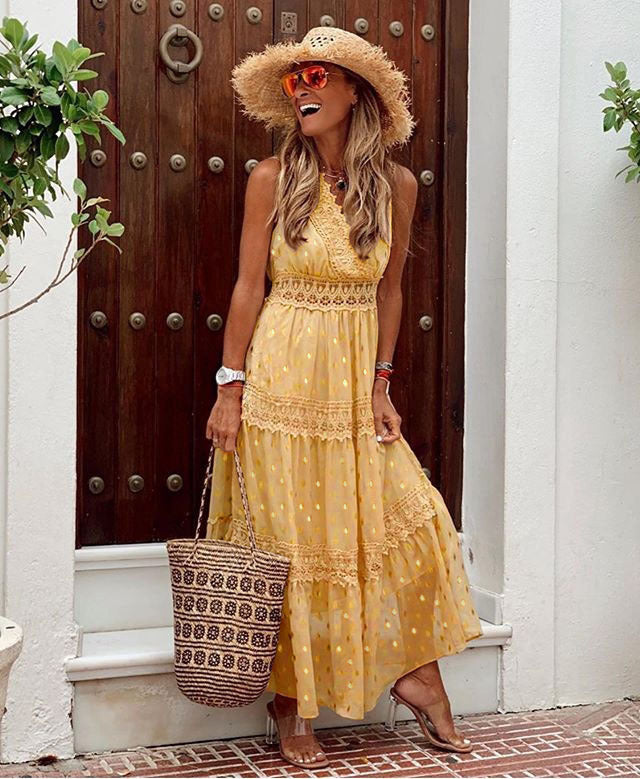 Deep V Plunge Sleeveless Chiffon Dress Stitching Midi Dress