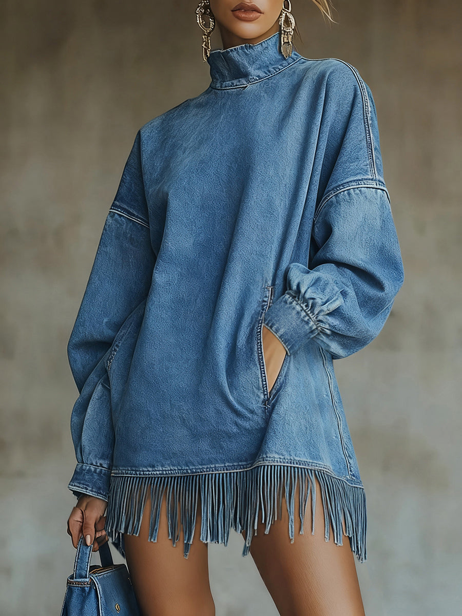 sheenchic Blue Denim High Neck Lantern Sleeve Pocket Fringe Hem Mini Dress