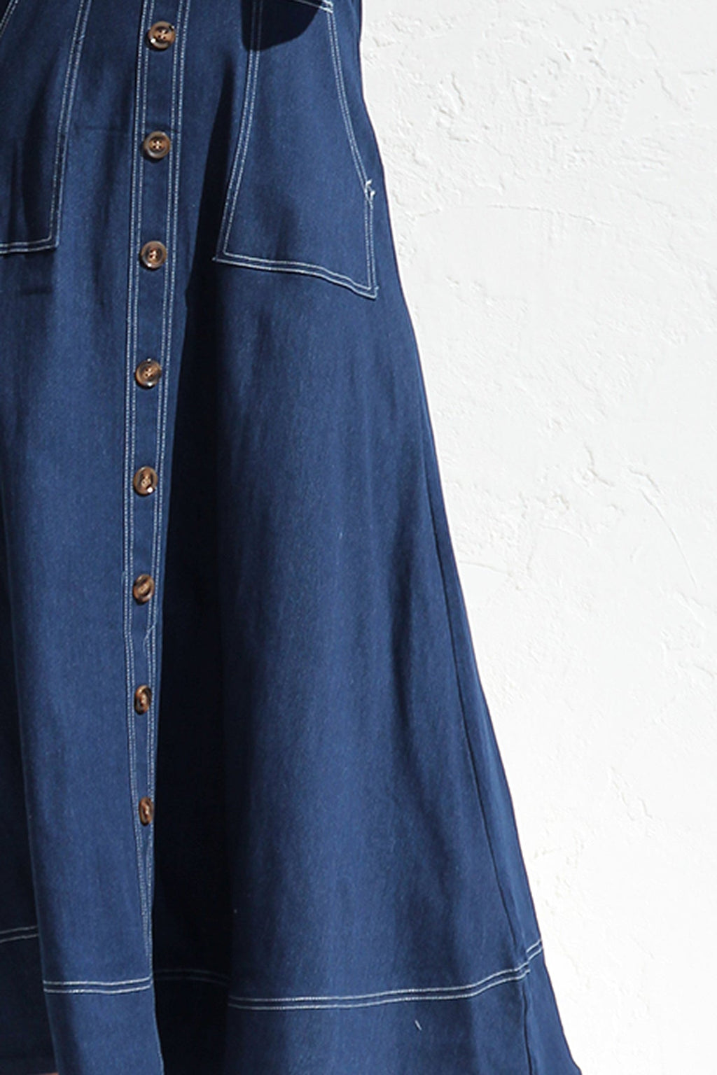 DENIM SUSPENDER CASUAL BUTTON MIDI DRESS