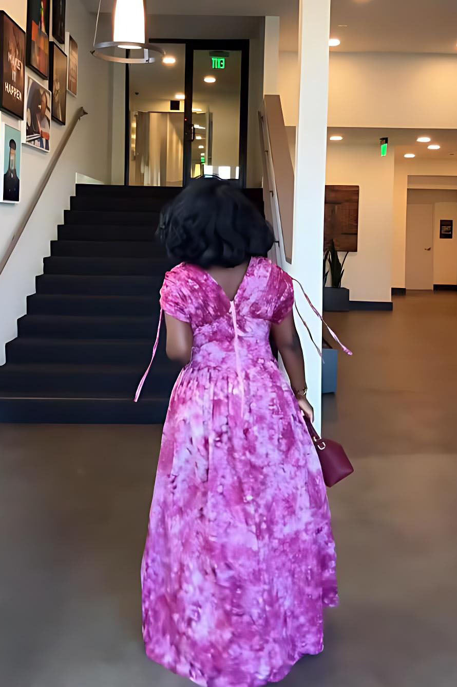 Fuchsia Tie-Dye V-Neck Puff Sleeve Maxi Dress