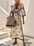 Bohemian Style Unique Print Belted Midi Dress