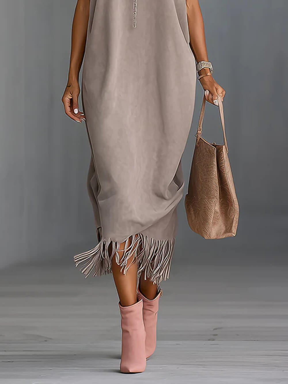 Elegant Faux Suede Fringe Hem Sleeveless Turtleneck Midi Dress