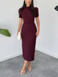 Elegant Stand-up Collar Belted Midi Dress