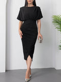 Elegant Round Neck Silver Polka Dot Print Slit Dress