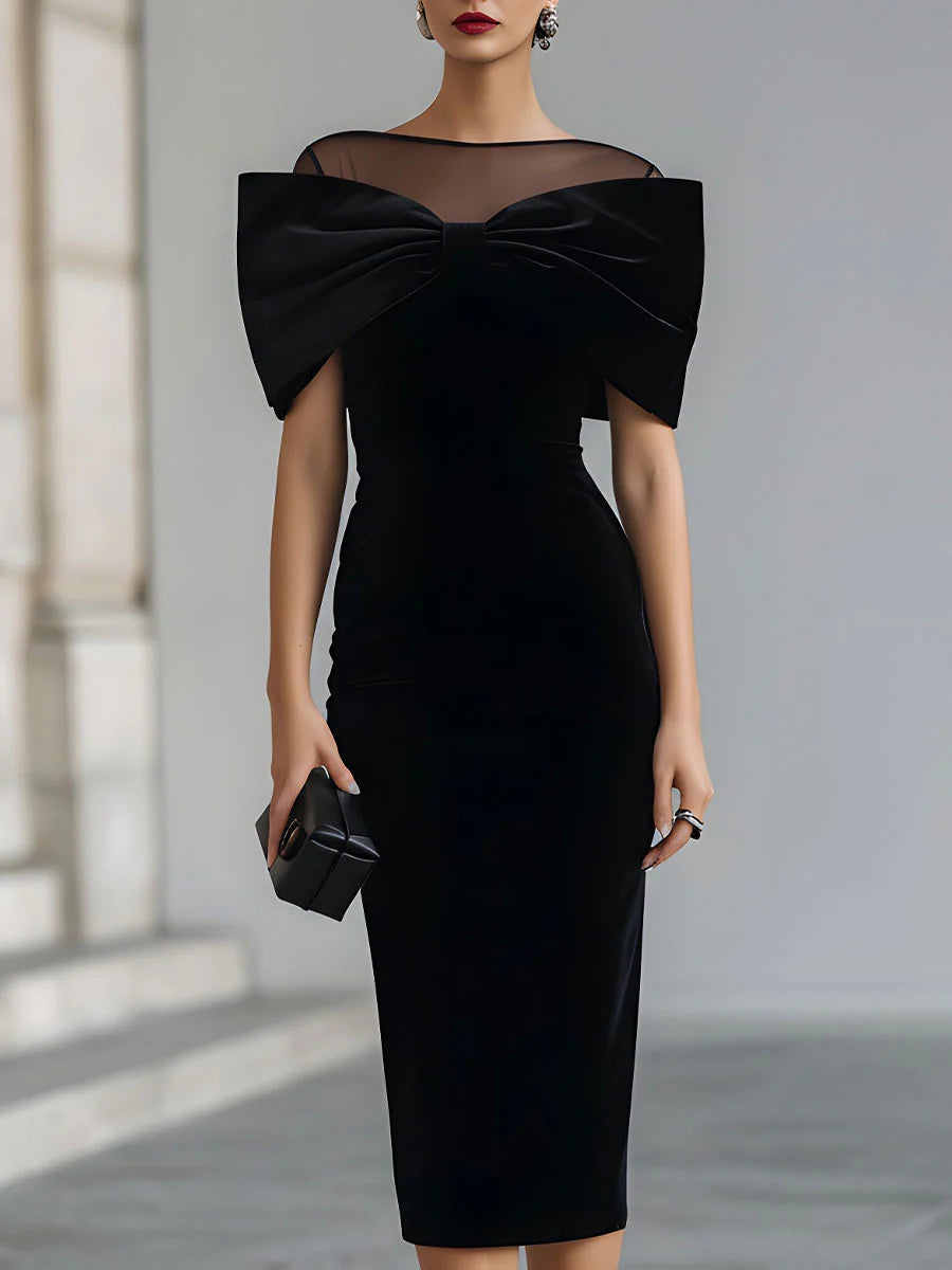 Elegant Bow-Detail Sheer Neckline Midi Dress