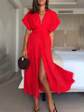Elegant V-neck Drawstring Pleated Midi Dress