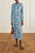 Unique Tie-Waist Paisley Print Midi Shirt Dress