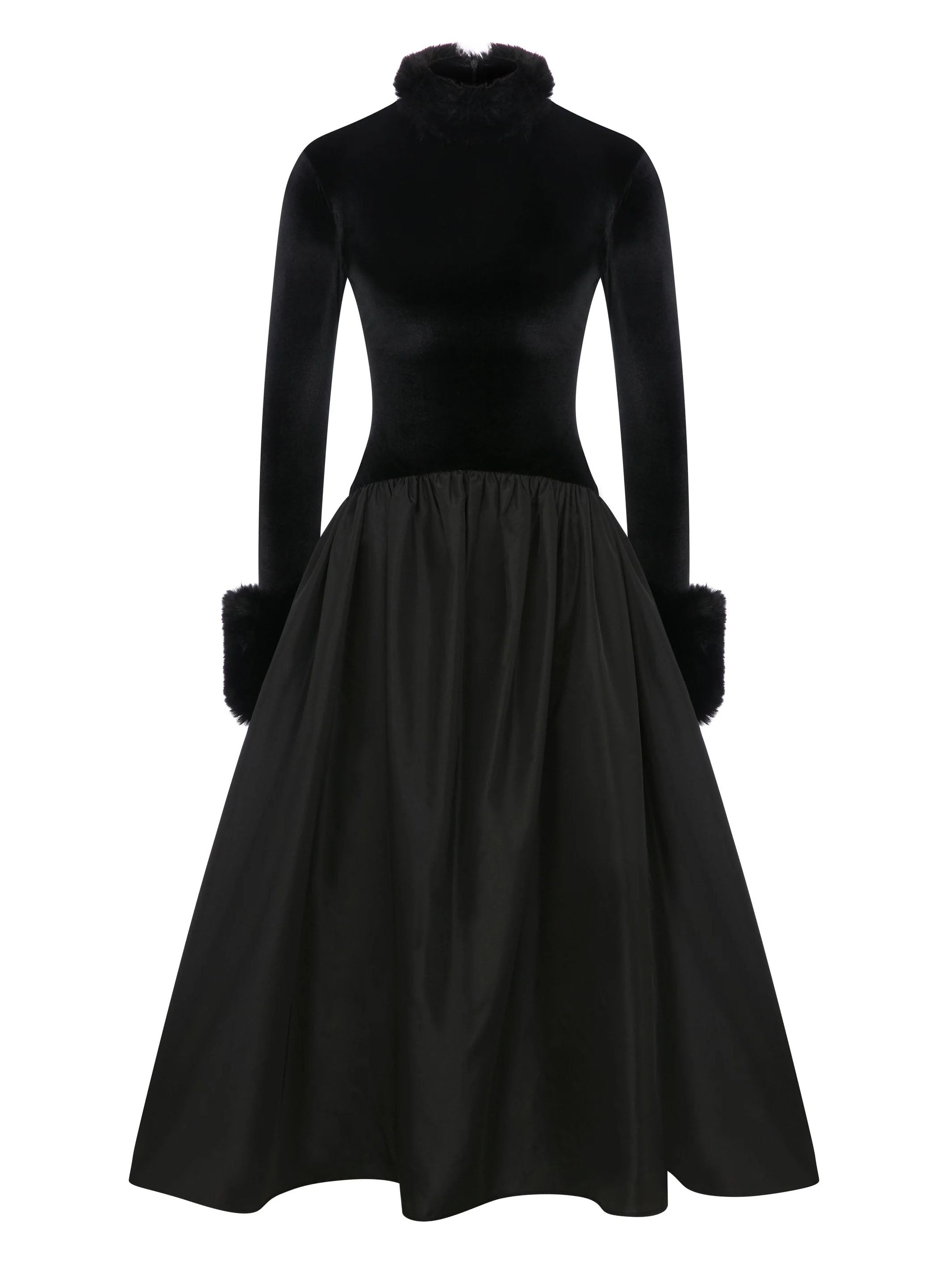 Elegant Velvet High-Neck Faux Fur Cuff Midi Dress