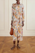 Unique Casual Tie-Waist Paisley Print Midi Shirt Dress