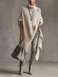 Asymmetrical Hem High-neck Knit Midi Dress