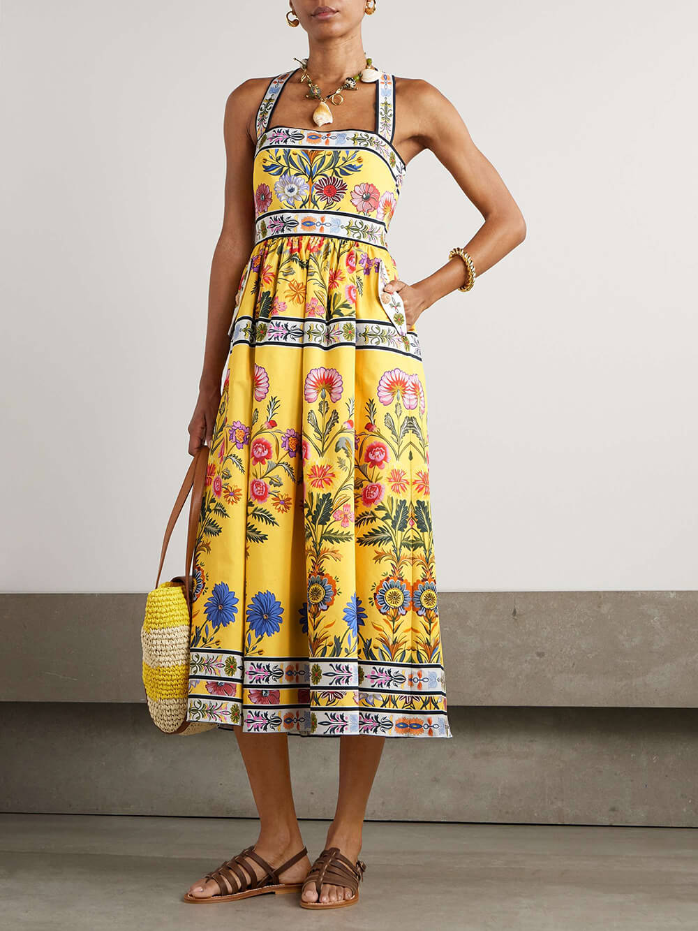 Unique Satin Floral Print Racerback With Pockets Midi Dress