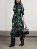 Unique Draped Print Satin Midi Dress