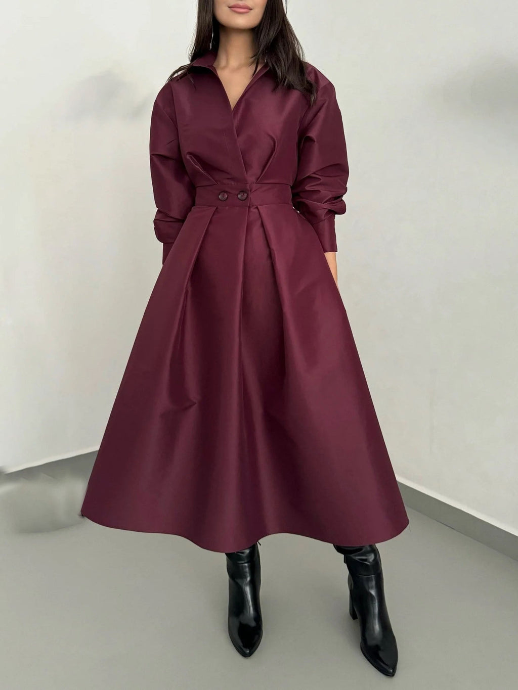 Elegant Collared Long-Sleeve A-Line Midi Dress