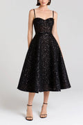 Exquisite Sequined Off-Shoulder Pleated Black A-Line Midi Dress