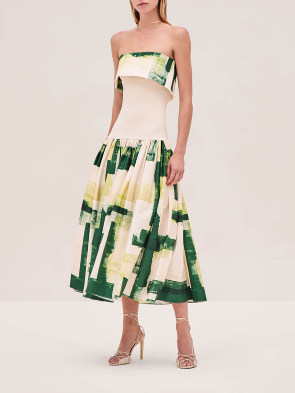 Elegant Printed Strapless Ribbed Bodycon Midi Dress