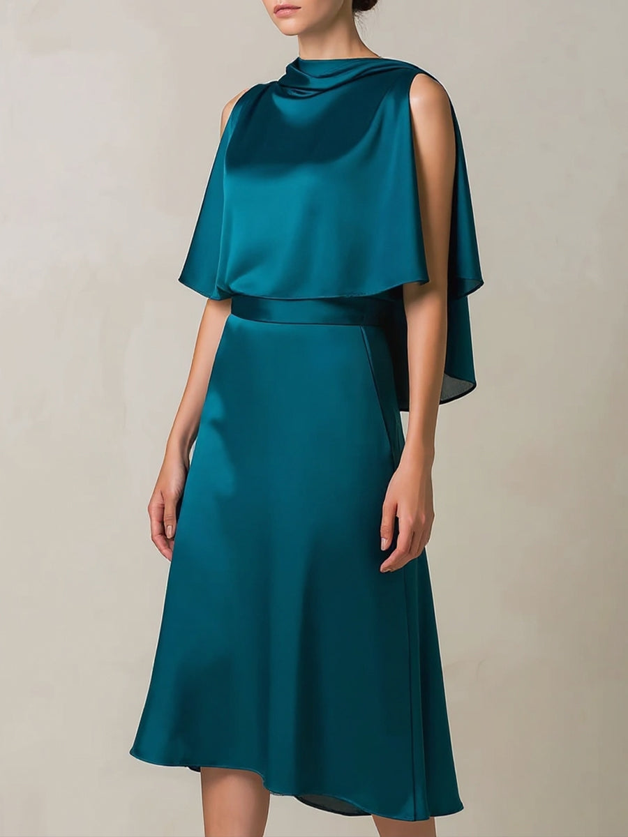 Teal Draped Cape-Sleeve Midi Dress