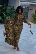 Spiral Print Long Sleeve Tie-Hem Ethnic Maxi Dress