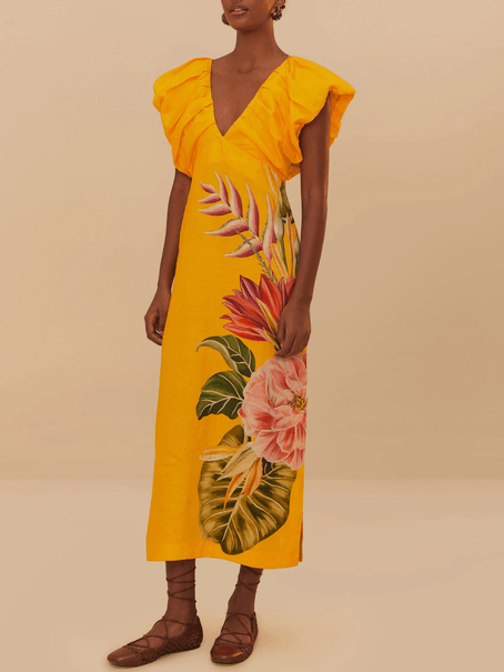 V-neck Pleated Print Dress
