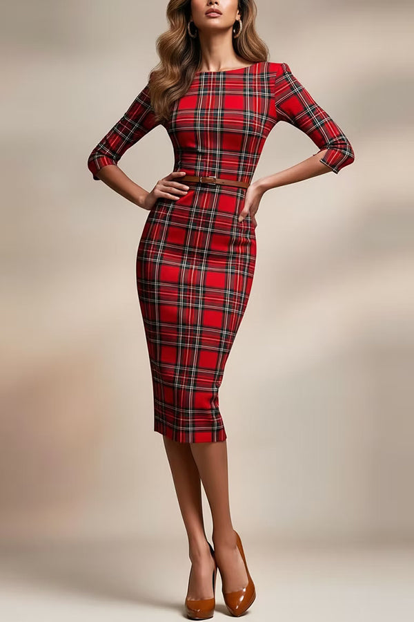 Plaid Print Half Sleeves Fitted Elegant Midi Dress