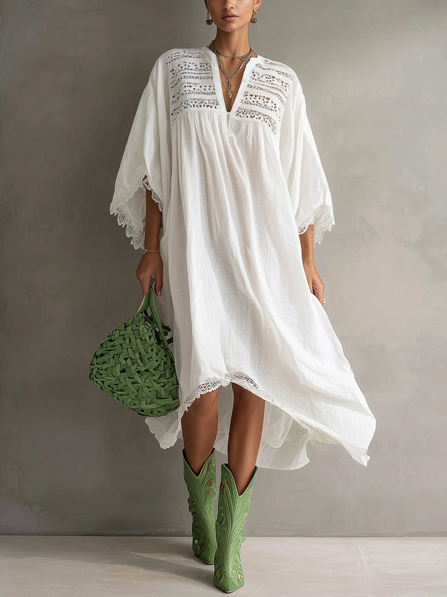 White Linen Blend Embroidered Loose Midi Dress With Lace Trim