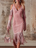 V-neck Off-the-shoulder Fringed Faux Suede Long-sleeved Midi Dress