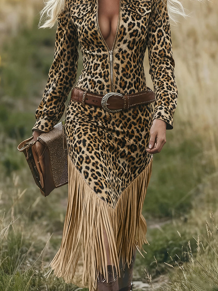 sheenchic Western Leopard Print Half Zip Long Sleeve Fringe Hem Midi Dress