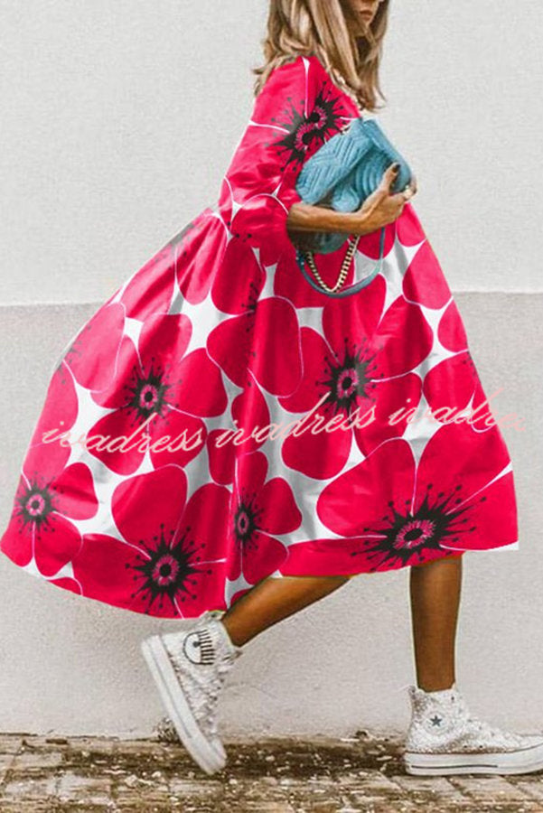 Vintage Floral Print High Low Hem A-Line Midi Dress