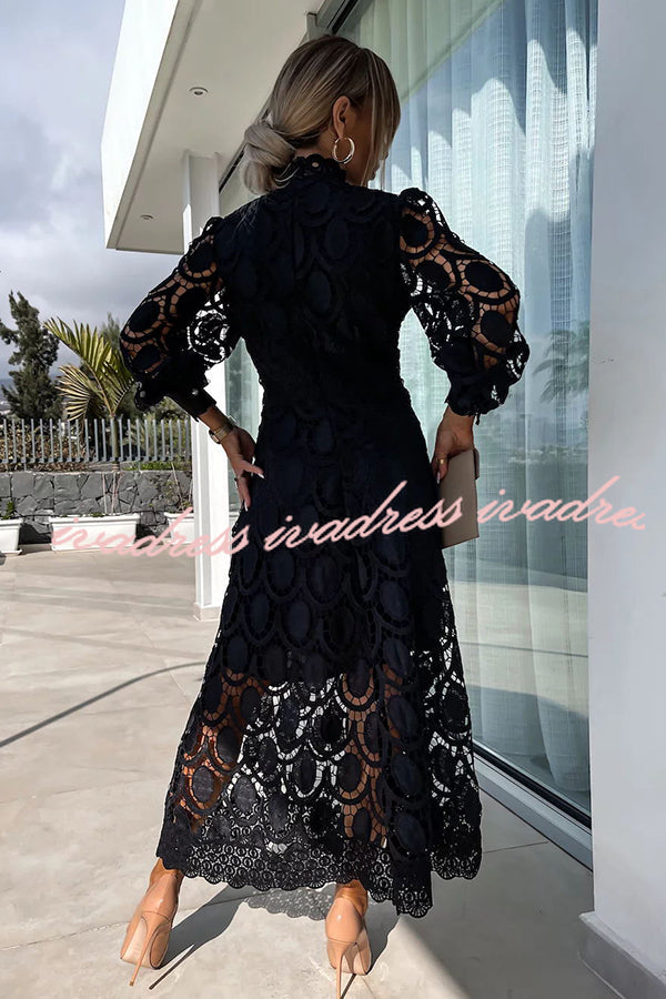 Romantic. Sensual and Elegant Crochet Lace Lantern Sleeve Party Midi Dress
