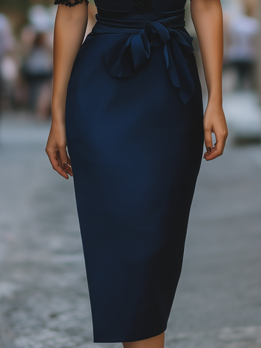 Elegant Lace-Trim V-Neck Belted Midi Dress