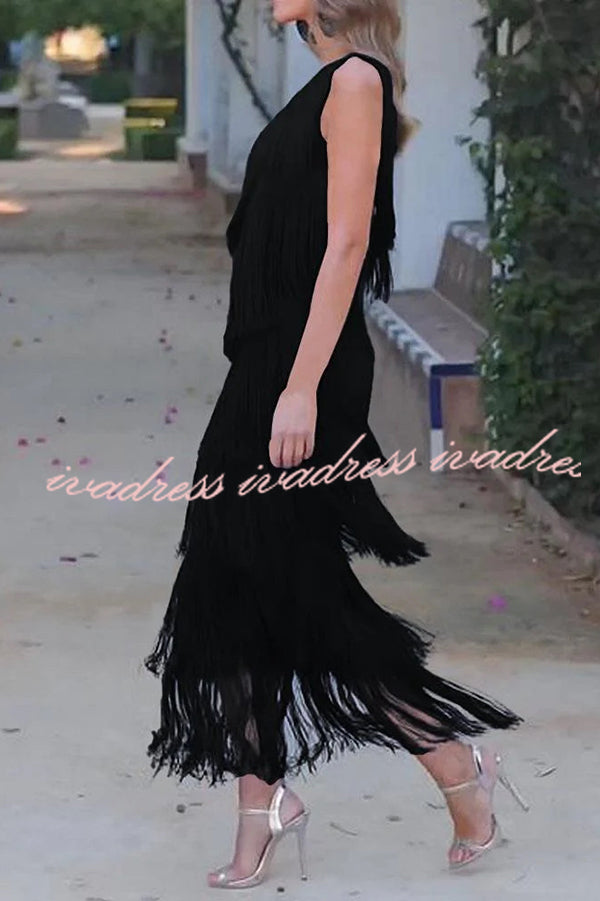 Stylish Fringed One Shoulder Asymmetric Midi Dress