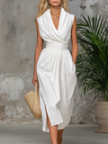 Retro Urban Minimalist V-neck Sleeveless Solid Color Midi Dress