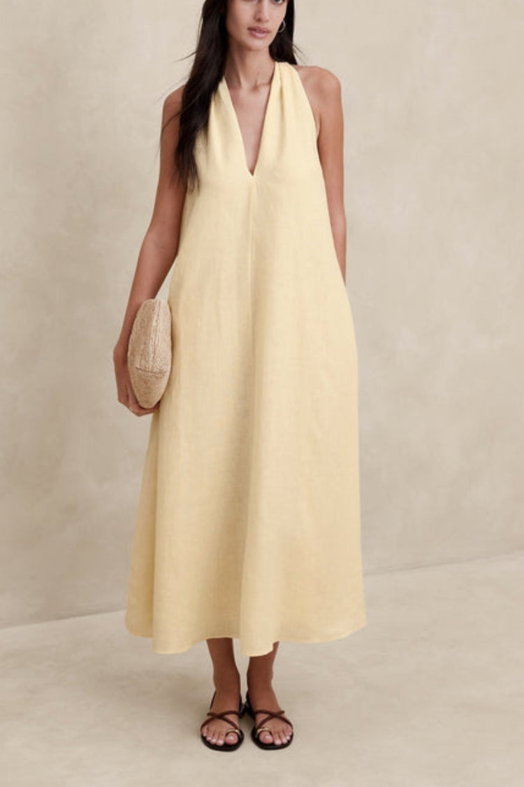 Old Money Style Linen Blend Back Twisted Pocket A-line Midi Dress