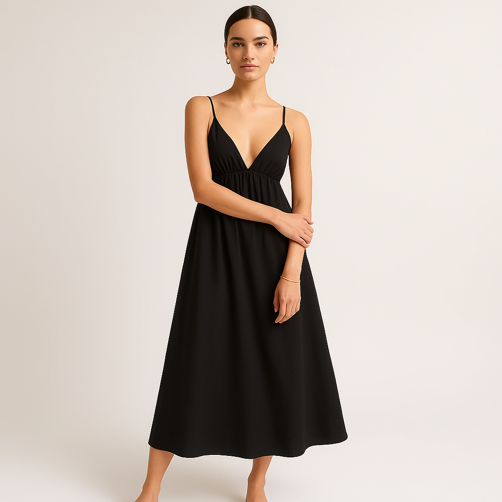 Cotton Midi Dress | V-Neck | Adjustable Spaghetti Straps