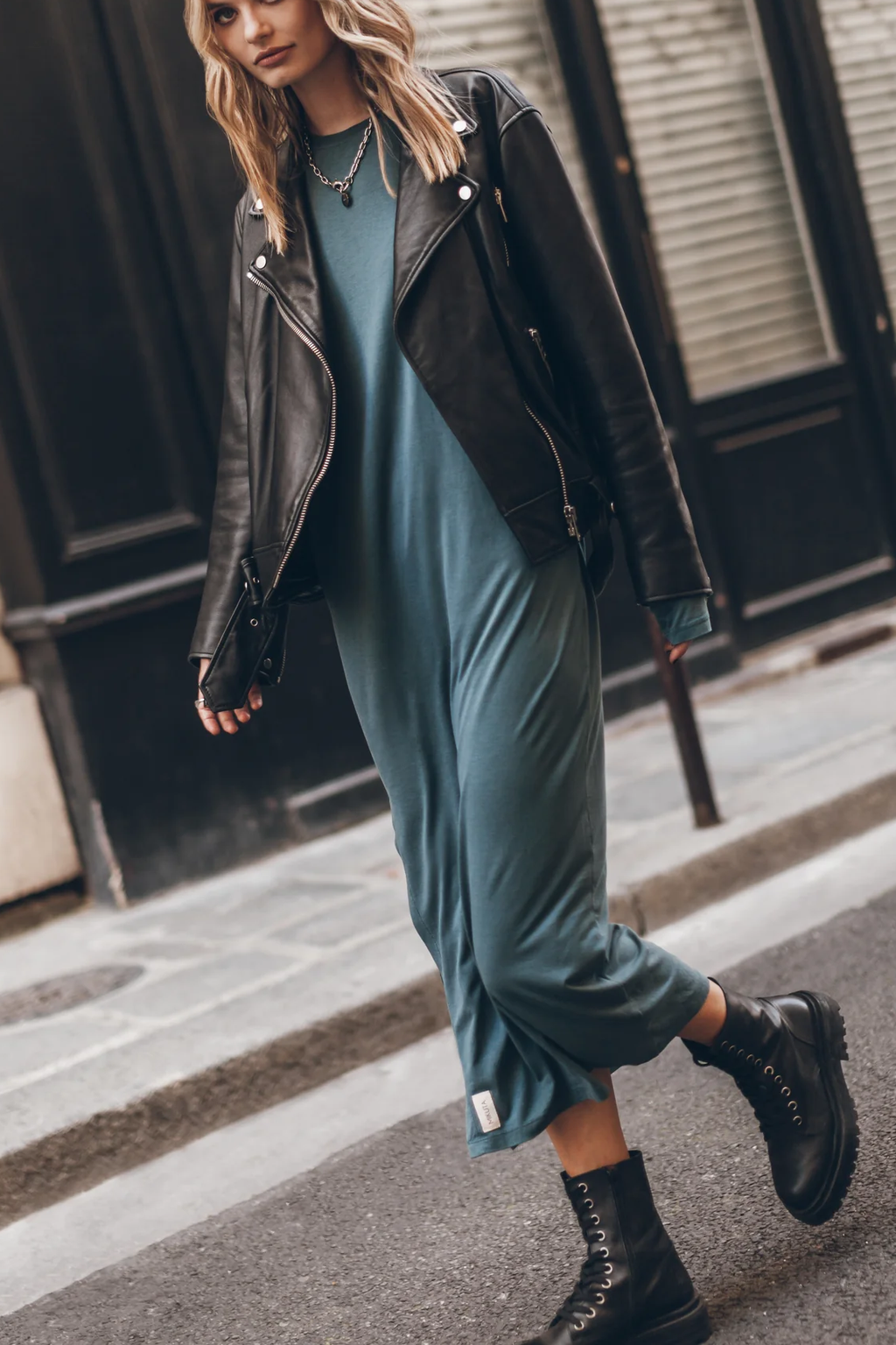 The Bedisse Cotton Blend Long Sleeve Relaxed Slit Midi Dress