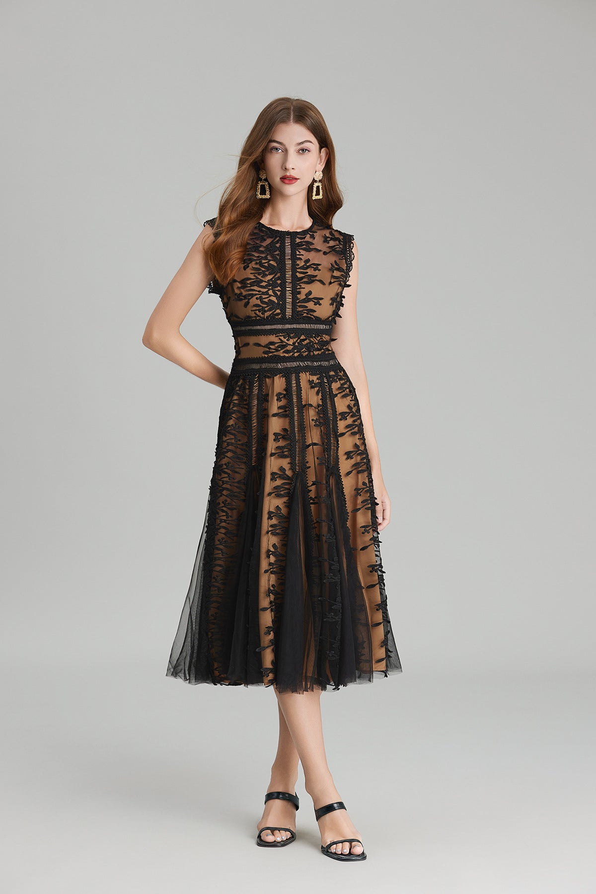 Maëlle Round Neck Mesh Embroidered Midi Dress In Beige