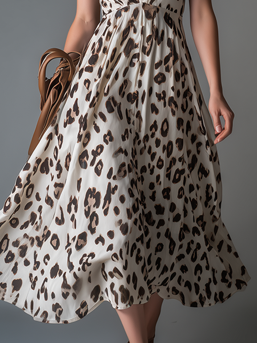 Retro-chic V-neck Sleeveless Leopard Print Chiffon Midi Dress