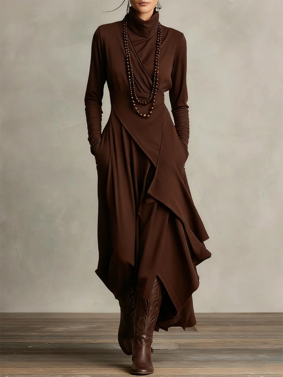 Daily Purple Mock Neck Long Sleeve Pocket Casual Asymmetric Hem Midi Dresses