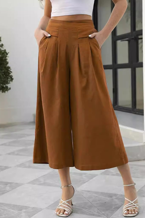 Skirts. Cotton-feel. Elastic Waist. Wide-leg. Nine-point Trousers. Pocket Workwear. Casual Pants. Loose