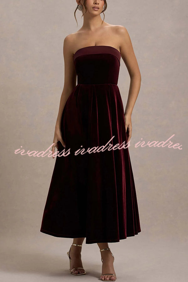 Center of Attention Velvet Satin Neck Bandeau Pleated Midi Dress