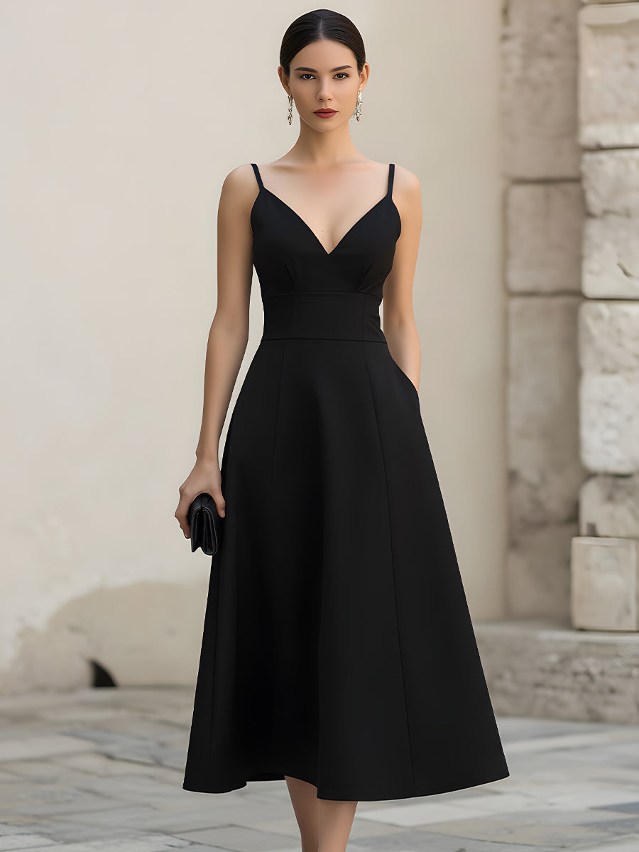Spaghetti Strap V Neck Midi Dress