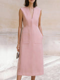 Blush Pink Sleeveless V-Neck Midi Dress