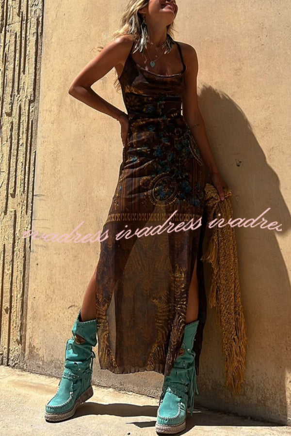 Gypsy Style Unique Print Cowl Neck Back Lace-up Slit Midi Dress