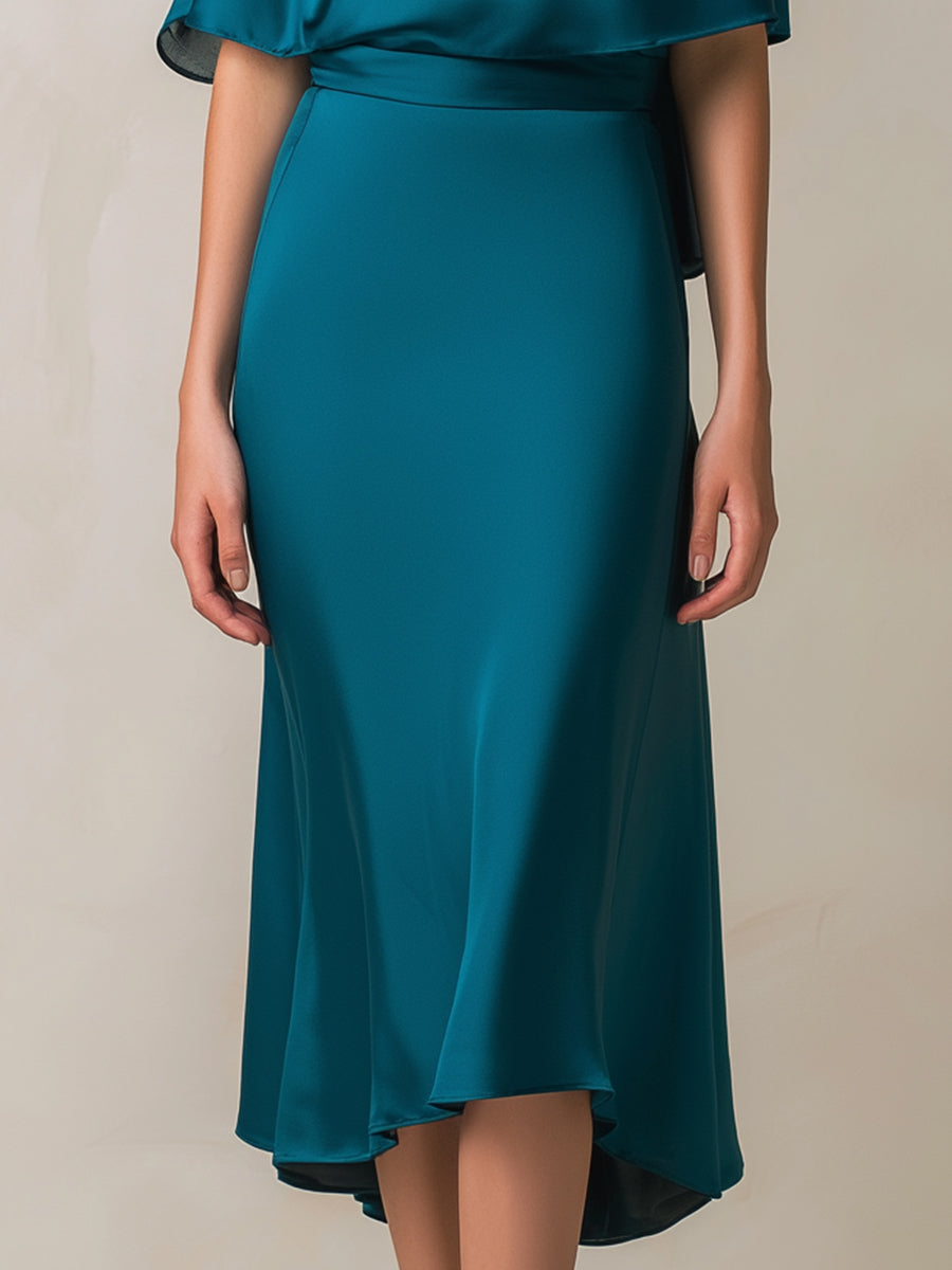 Teal Draped Cape-Sleeve Midi Dress