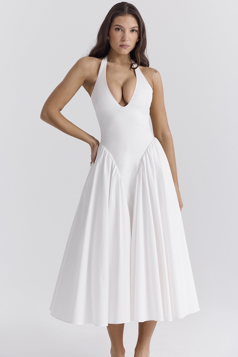 White Cotton Halter Midi Dresses