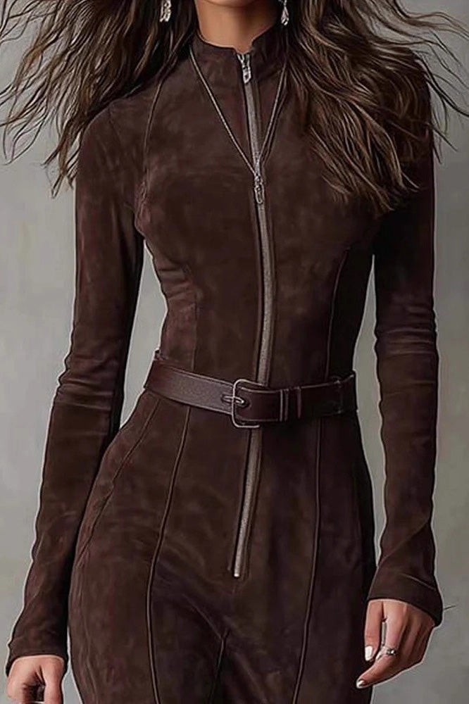 Elegant Dark Brown Suede Drawstring Irregular Midi Dress