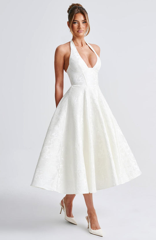 Halter Neck Satin Midi Dress | A-Line Silhouette